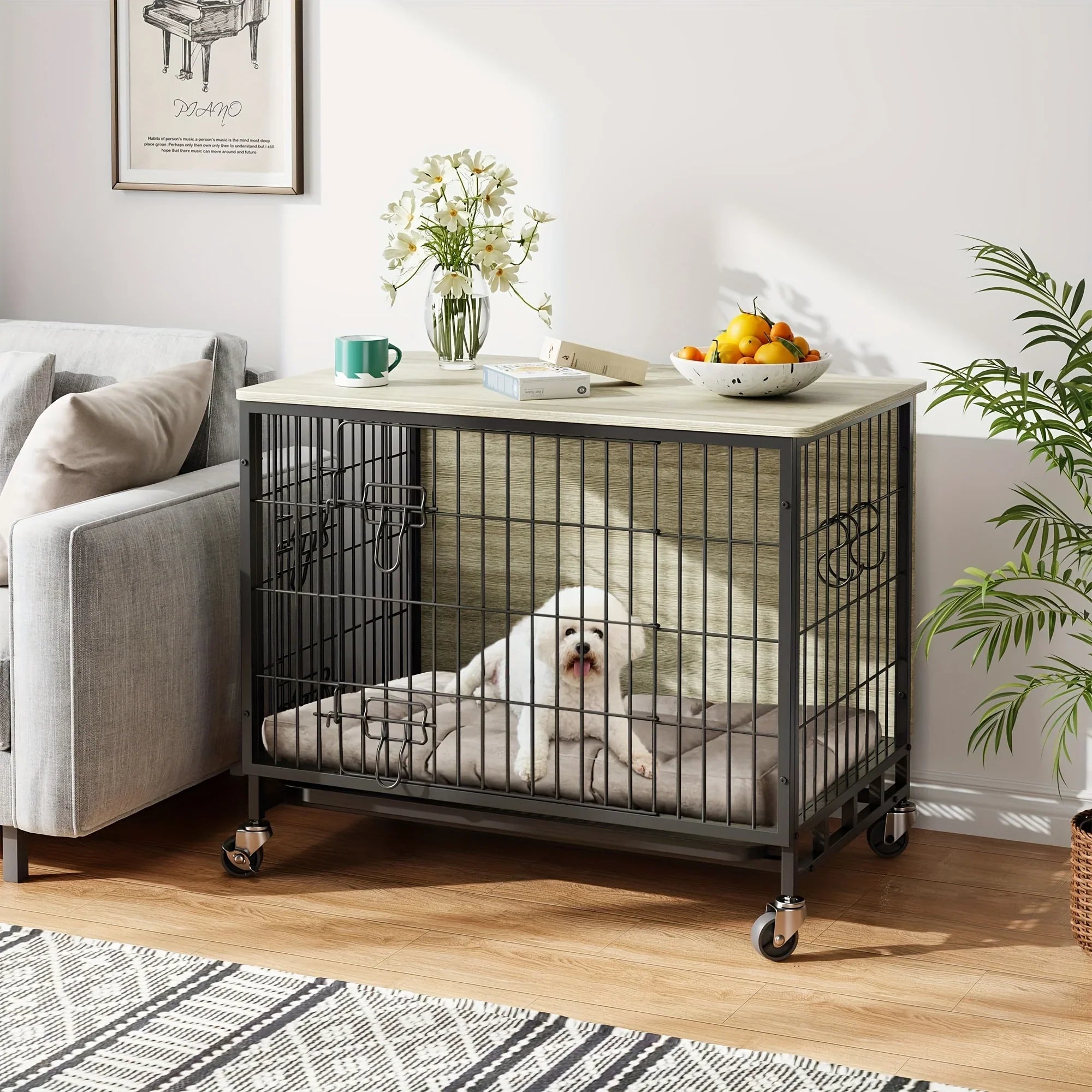 27.2” Heavy-duty Wooden-like Dog Crate Furniture House with Removable Lockable Wheels/non-slip Feet,... - House Of Avana