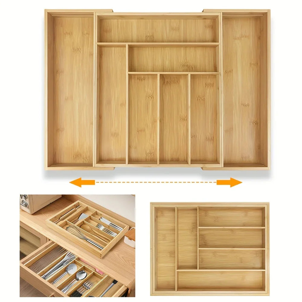 Bamboo Cutlery Tray, 6-8 Compartment Utensil Holder for Kitchen Drawer, Large Extendable Size Organiser... - House Of Avana