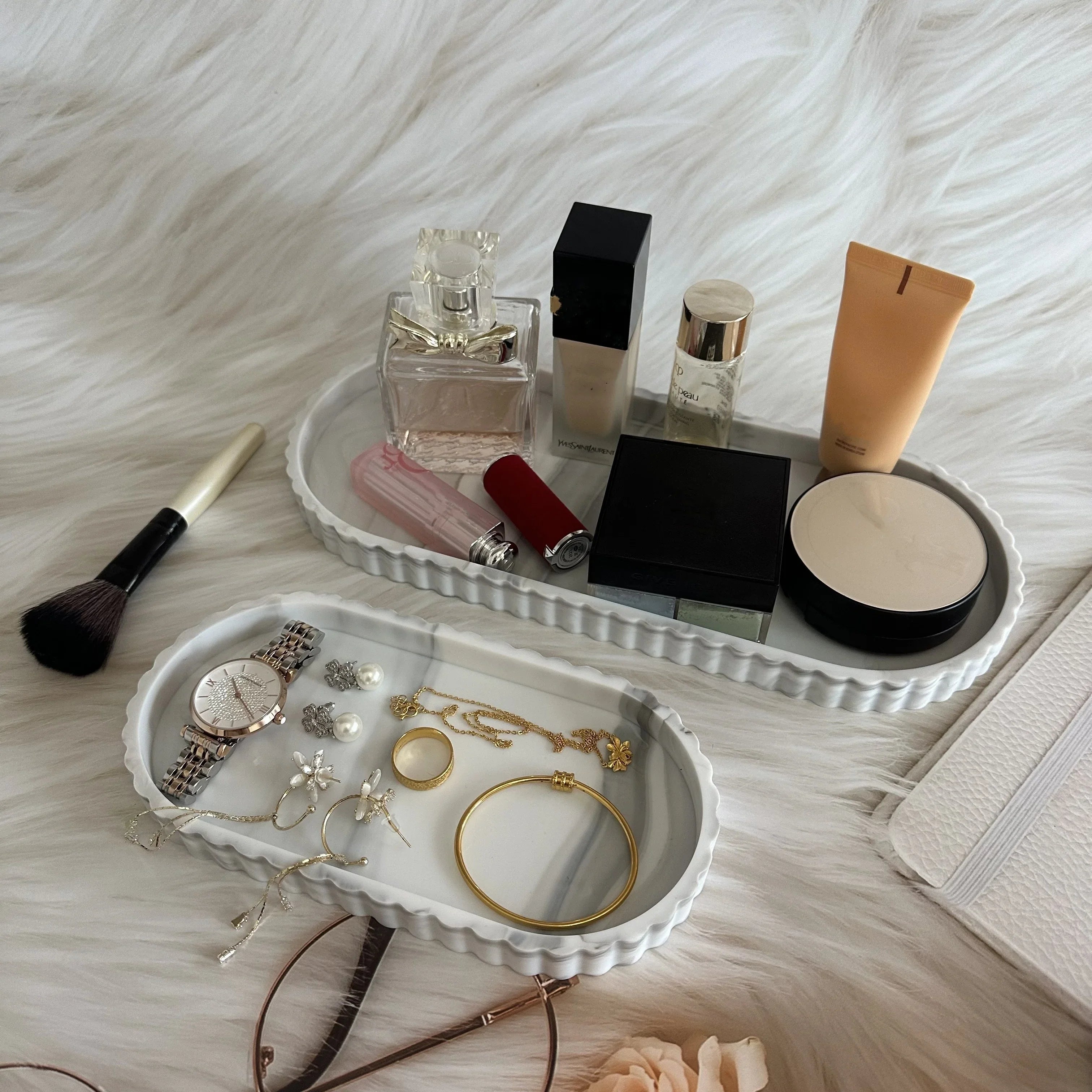 S Bathroom Vanity Tray, 19.81cm and 29.97cm Marble Pattern Bathroom Trays for Counter, Perfume Key... - House Of Avana