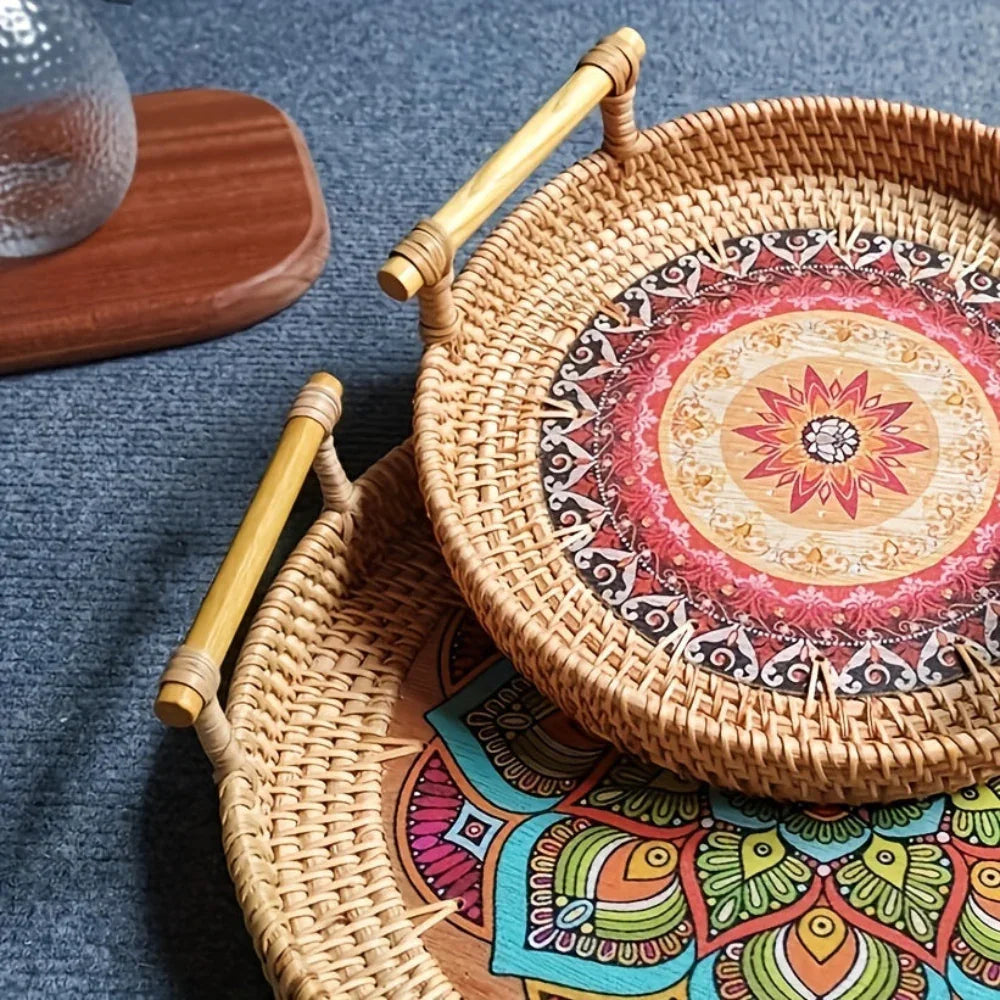 Double Handwoven Rattan Wicker Tray - House Of Avana