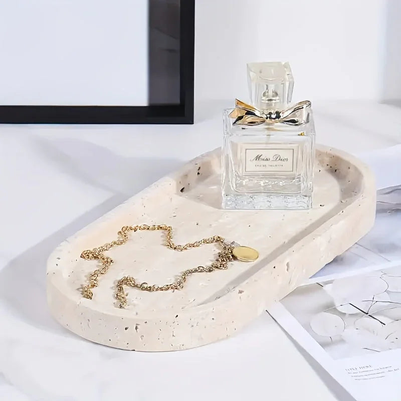 Vanity Tray - Durable Natural Stone Oval, back view - House Of Avana