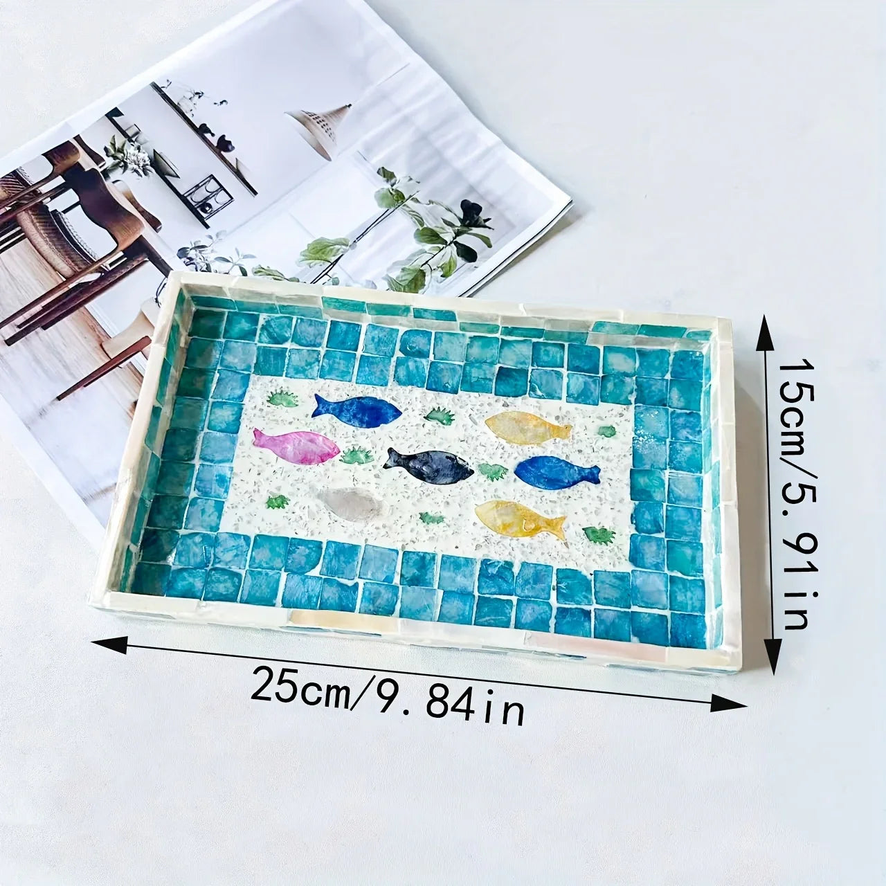 Elegant Rectangular Shell-inlaid Decorative Tray - Handcrafted Melamine Art Deco Design with Colorful... - House Of Avana