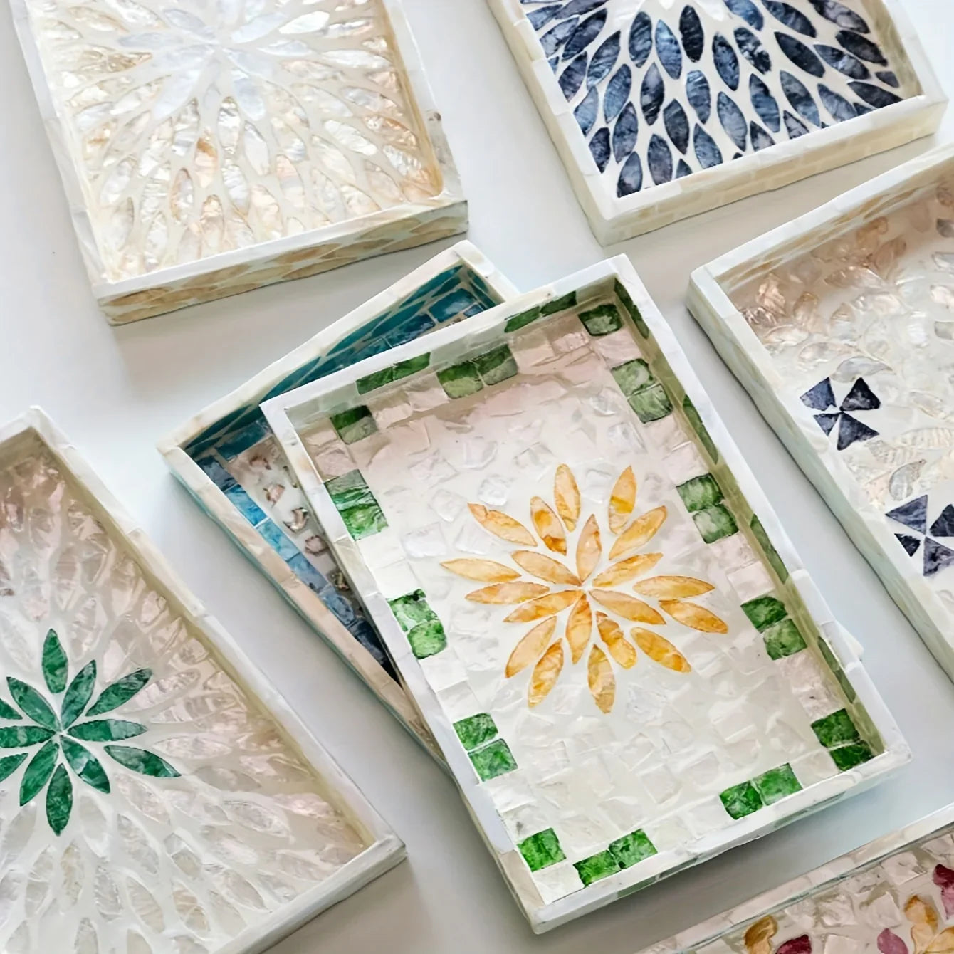 Elegant Rectangular Shell-inlaid Decorative Tray - Handcrafted Melamine Art Deco Design with Colorful... - House Of Avana