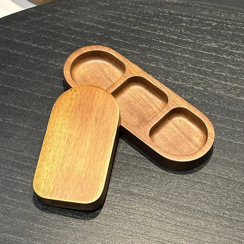 Solid Wood Rectangle Tray with 2/3 Grid for Condiments and Food Serving, angled view - House Of Avana