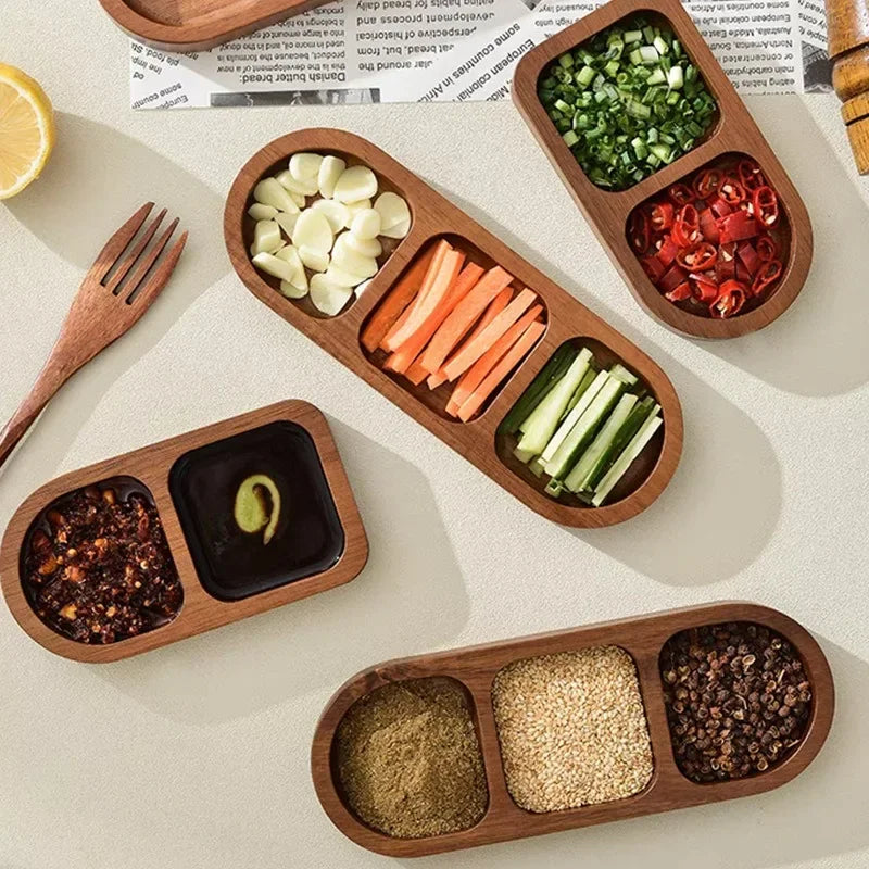 Solid Wood Rectangle Tray with 2/3 Grid for Condiments and Food Serving, close-up view - House Of Avana