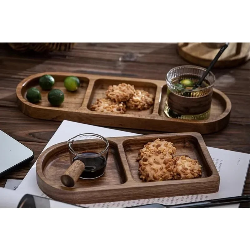 Solid Wood Rectangle Tray with 2/3 Grid for Condiments and Food Serving, texture detail - House Of Avana