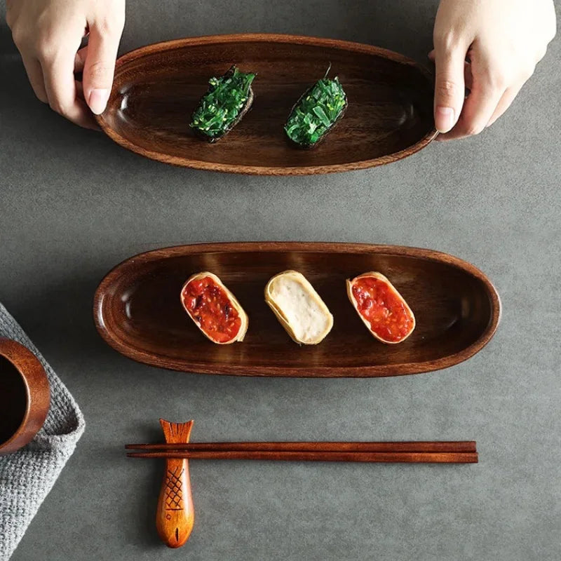Solid Wood Sushi Plate Tray with Simple Design for Household Snacks and Fruit, back view - House Of Avana
