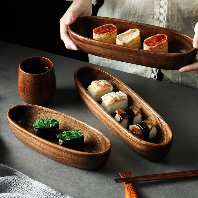 Solid Wood Sushi Plate Tray with Simple Design for Household Snacks and Fruit, front view - House Of Avana