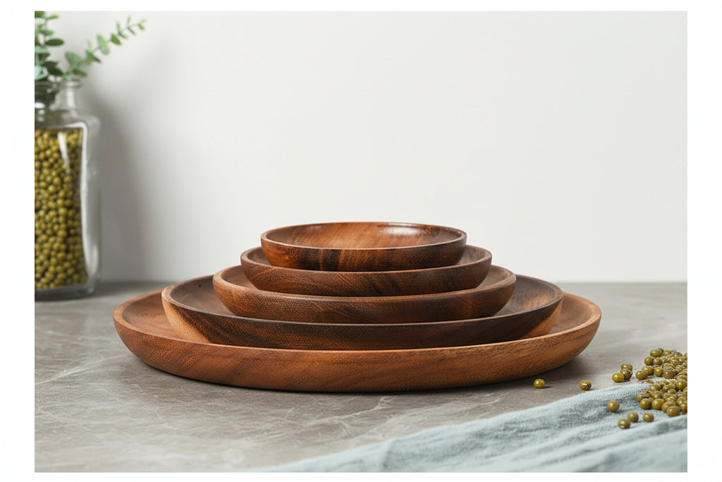 Serving Tray - Wooden Acacia Round, angled view - House Of Avana