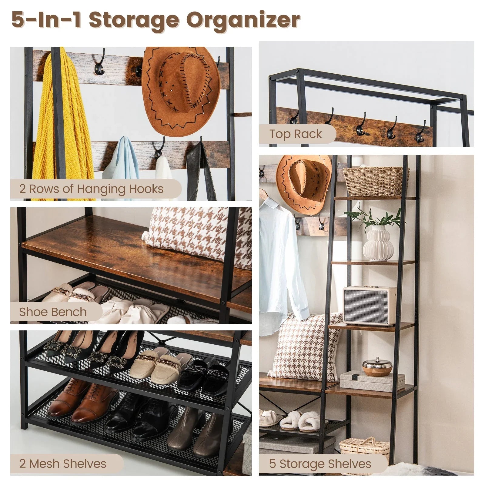 Goflame Hall Tree with Bench & Shoe Storage - House Of Avana