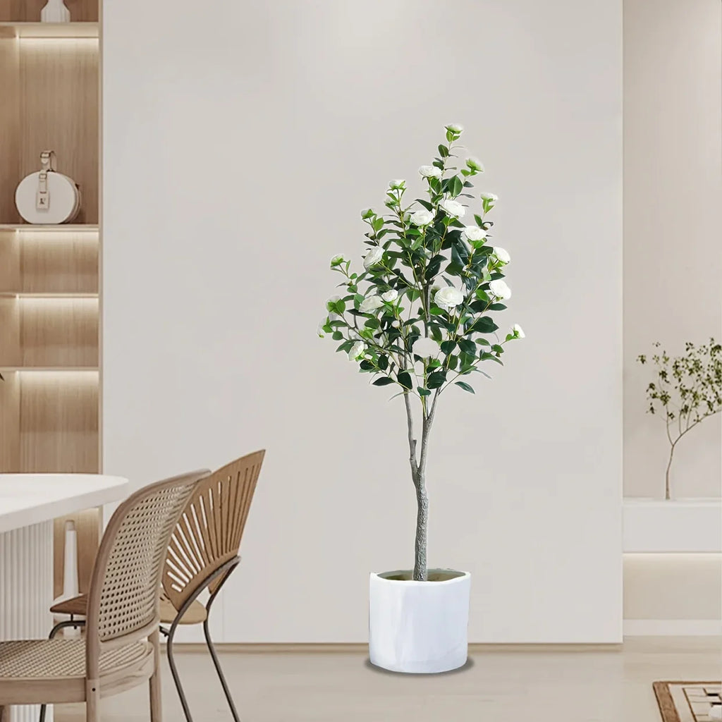 S Artificial Camellia Tree with Realistic Trunk, Leaves, Flowers & Planter - 149.35cm/179.83cm Indoor... - House Of Avana