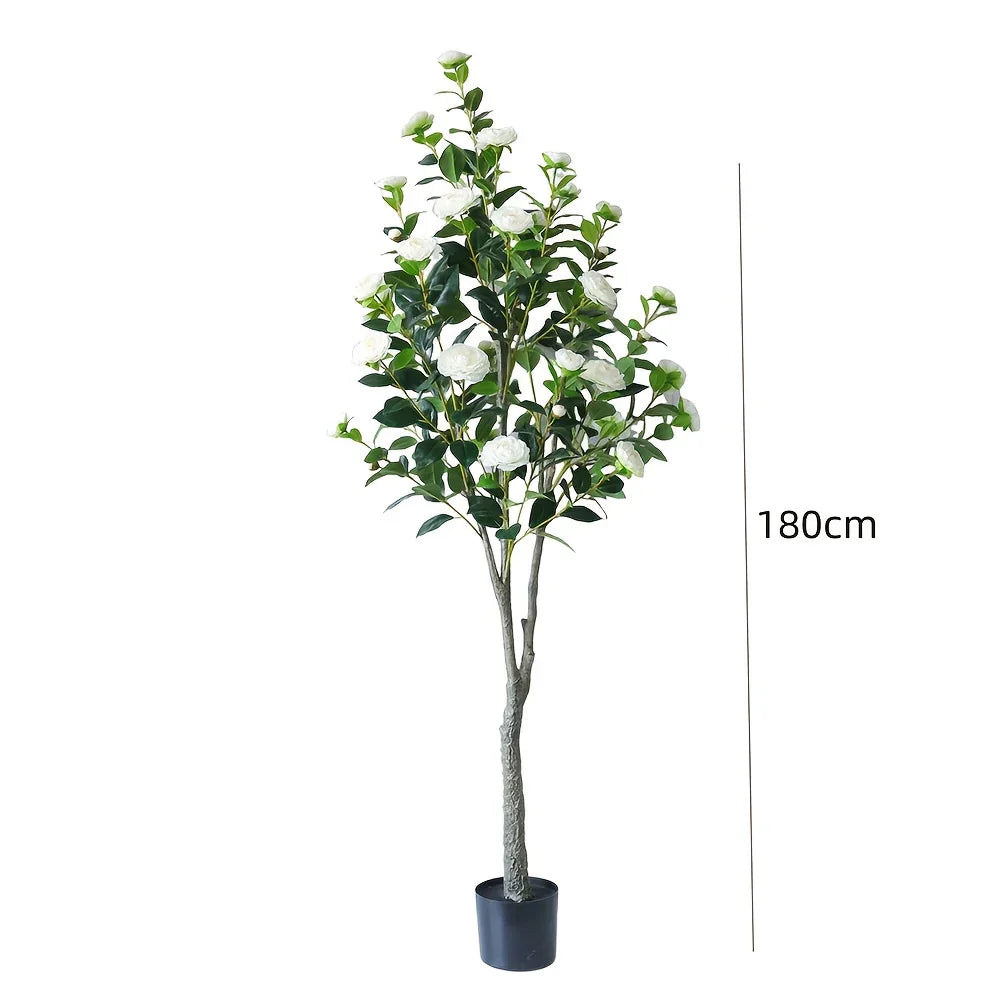 S Artificial Camellia Tree with Realistic Trunk, Leaves, Flowers & Planter - 149.35cm/179.83cm Indoor... - House Of Avana