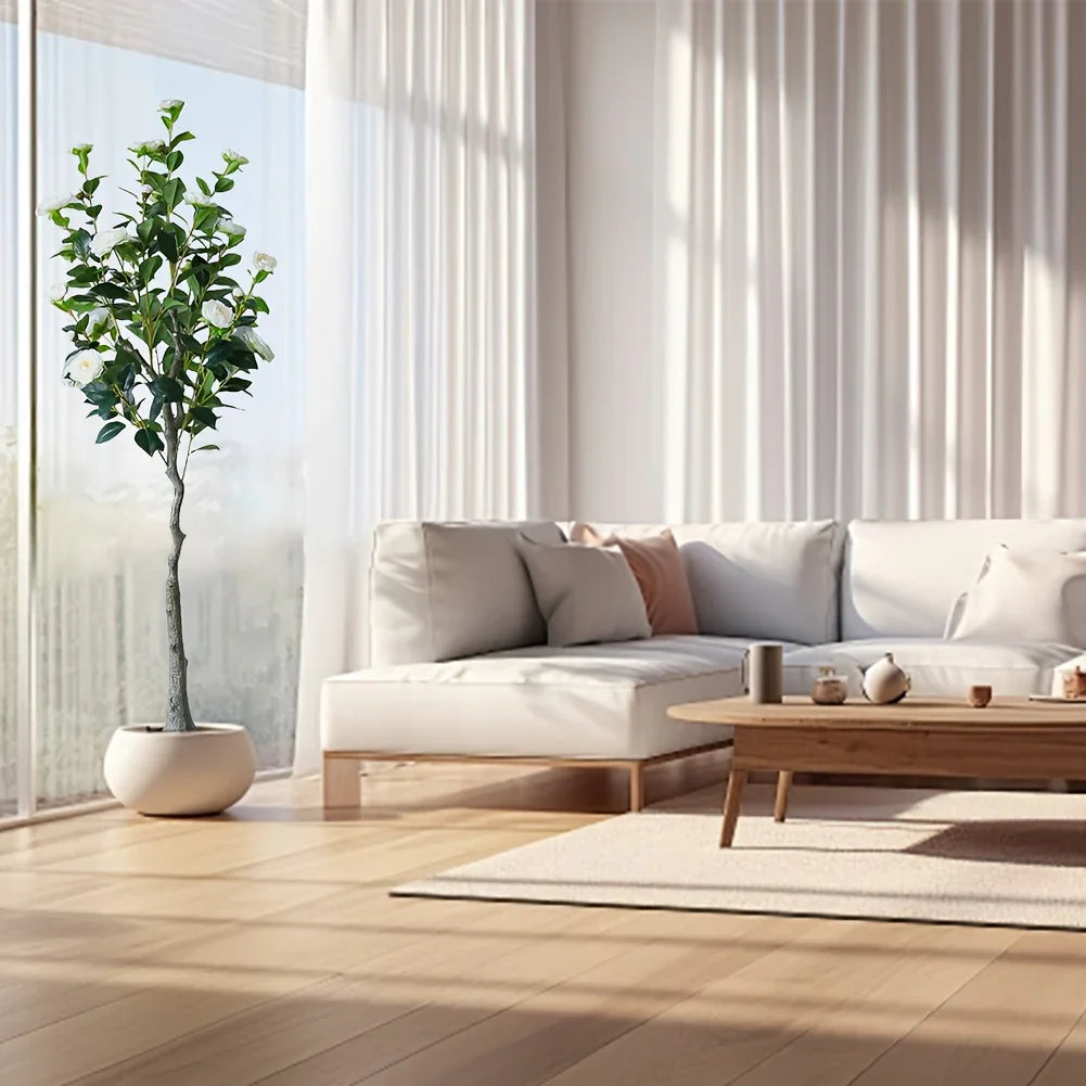 S Artificial Camellia Tree with Realistic Trunk, Leaves, Flowers & Planter - 149.35cm/179.83cm Indoor... - House Of Avana