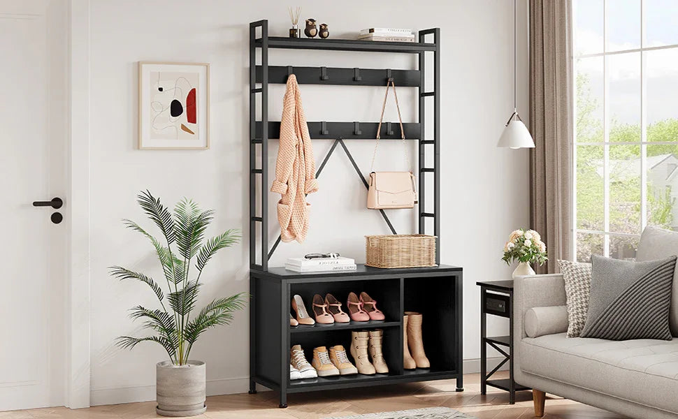 Industrial Modern Hall Tree with Bench - Heavy-duty Freestanding Entryway Storage Cabinet with Coat... - House Of Avana