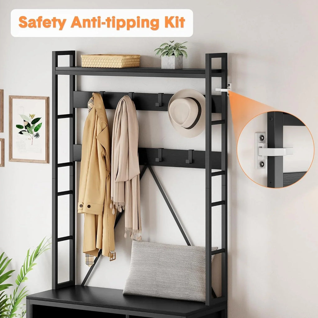 Industrial Modern Hall Tree with Bench - Heavy-duty Freestanding Entryway Storage Cabinet with Coat... - House Of Avana