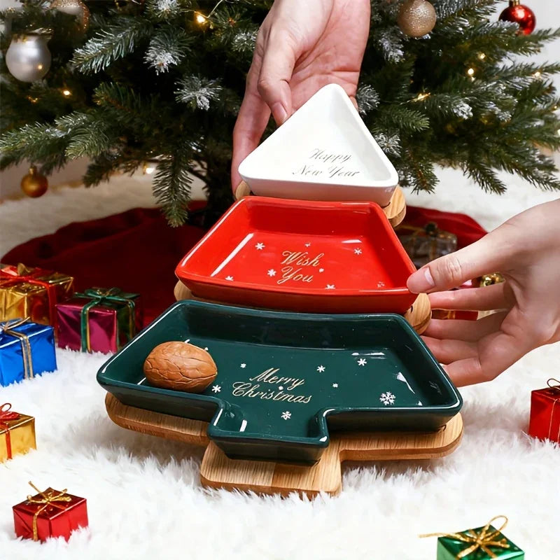 Ceramic Christmas Tree Snack Plates with Detachable Stand - House Of Avana