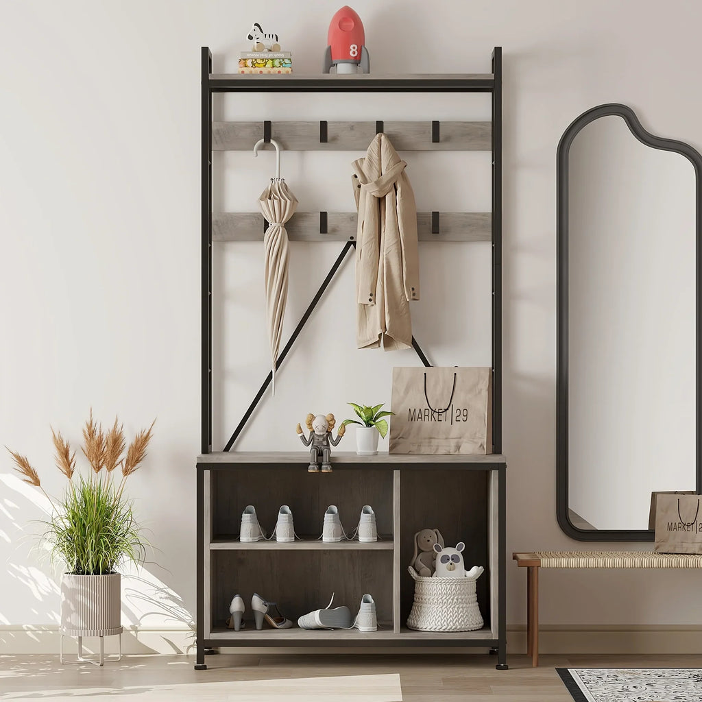 3-in-1 Hall Tree with Bench & Storage - Heavy-duty Wood Entryway Coat Rack with Shoe Storage, Hooks,... - House Of Avana