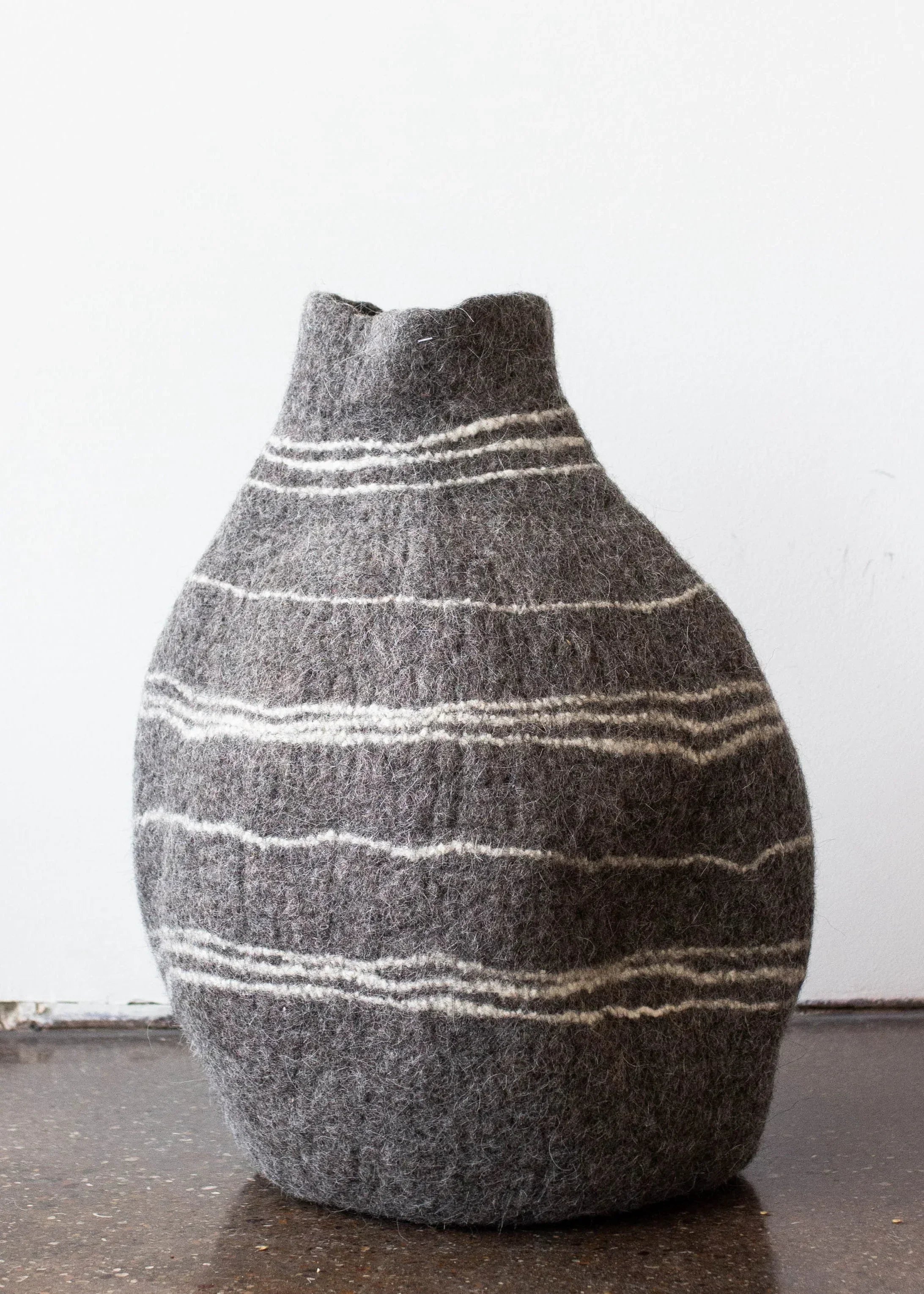 Tribal Lines Grey Hand-Felted Wool Gourd Basket Kanju Interiors
