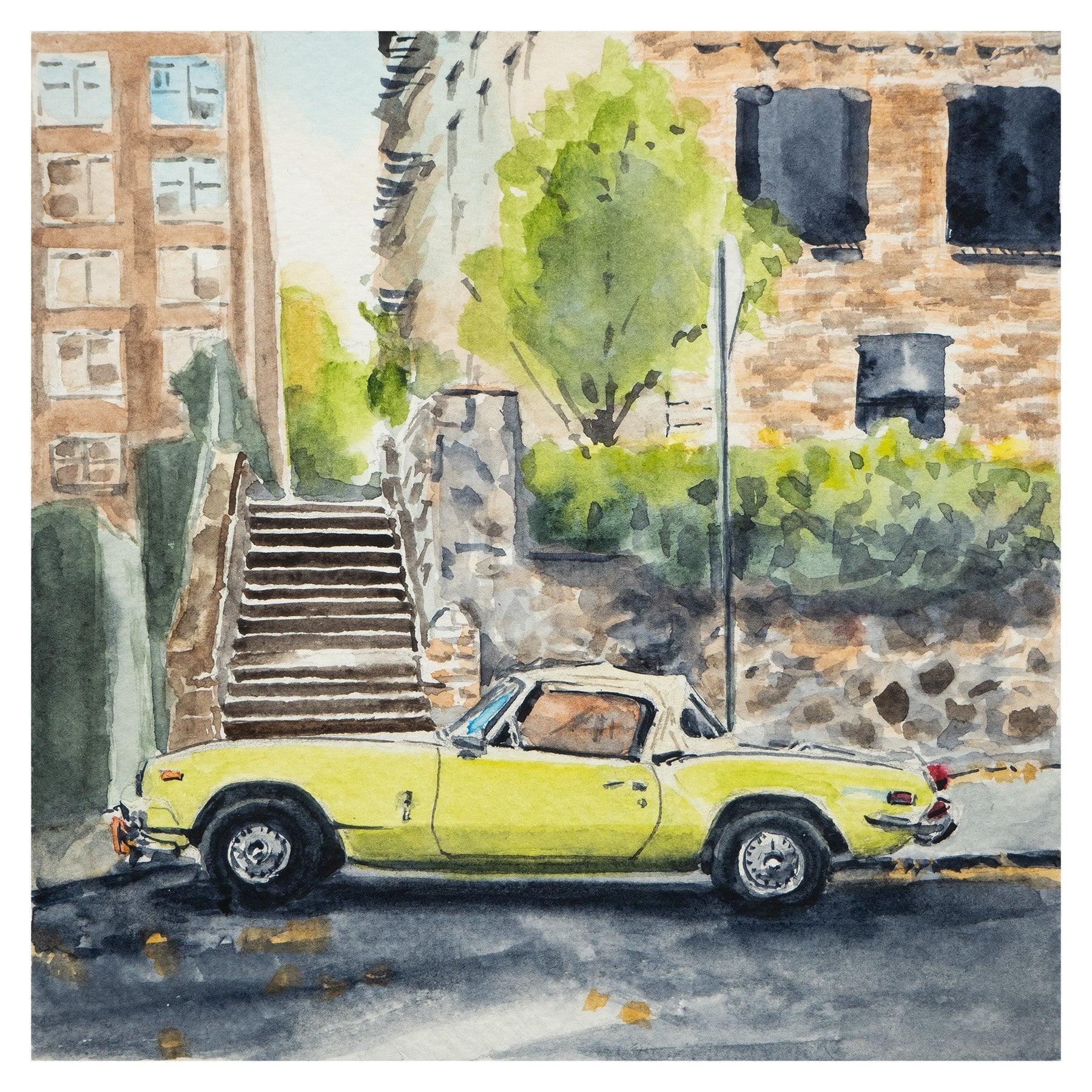 Triumph Spitfire on Cabrini, Nyc, Watercolor Painting, side view - House Of Avana