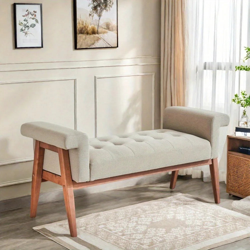 Heavy-Duty Extra Long Ottoman Bench Seat - Upholstered Footrest with Tufted Padded Seat, 300 lbs Capacity, Light Khaki Furniture for Living Room, Bedroom, Entryway - Sturdy End of Bed Bench or Footstool, Bedroom Seating, Eleg House Of Avana