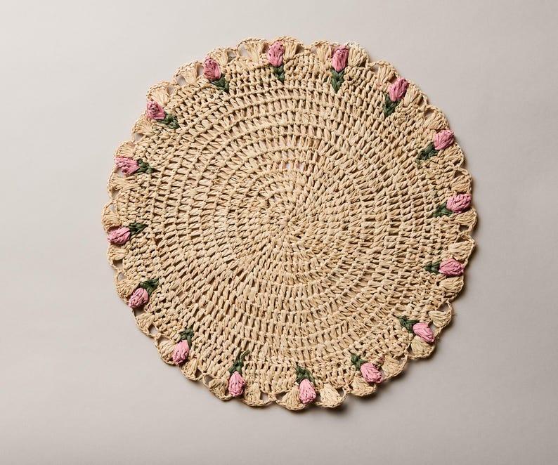 Tulip Floral Placemats – Hand-Crocheted Raffia Palm Floral Placemats – Spring Table Decor Payton James
