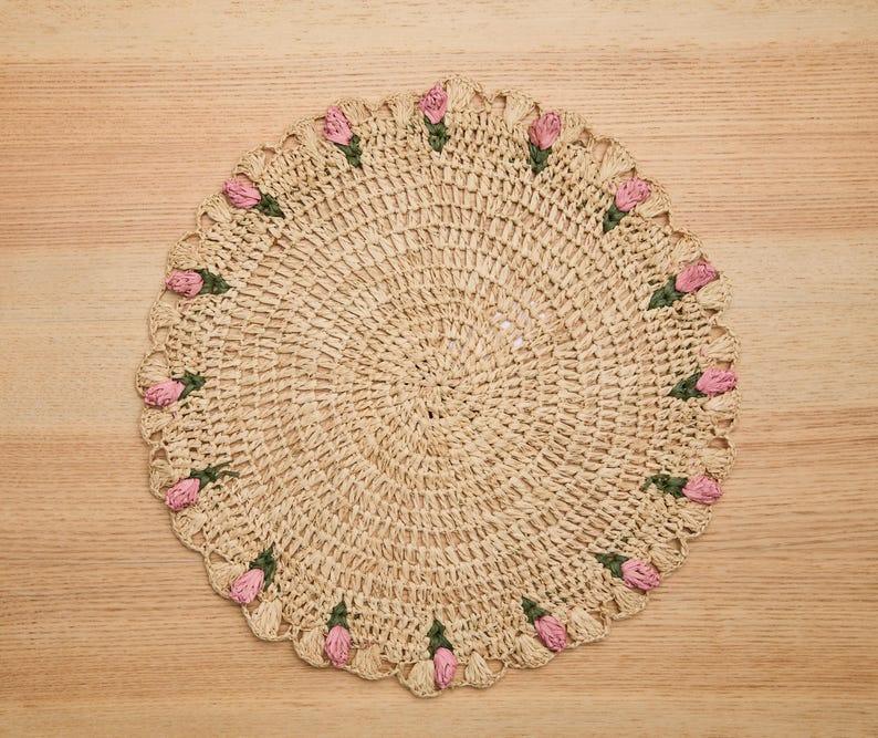 Tulip Floral Placemats – Hand-Crocheted Raffia Palm Floral Placemats – Spring Table Decor Payton James