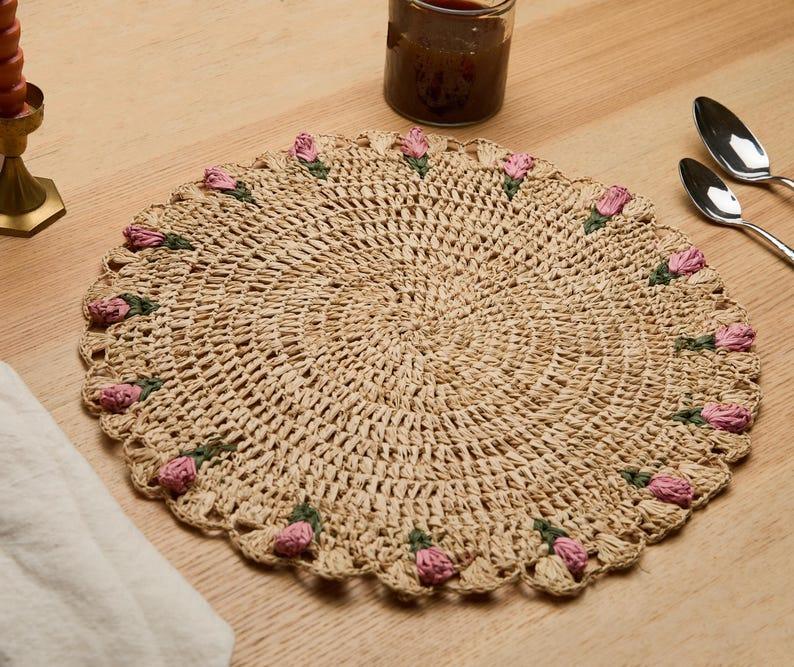 Tulip Floral Placemats – Hand-Crocheted Raffia Palm Floral Placemats – Spring Table Decor Payton James