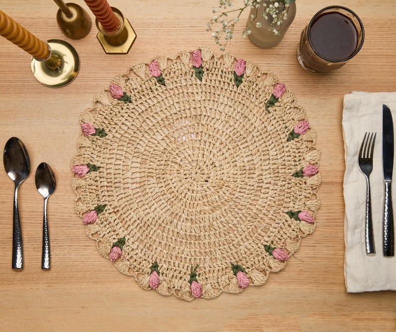 Tulip Floral Placemats – Hand-Crocheted Raffia Palm Floral Placemats – Spring Table Decor Payton James