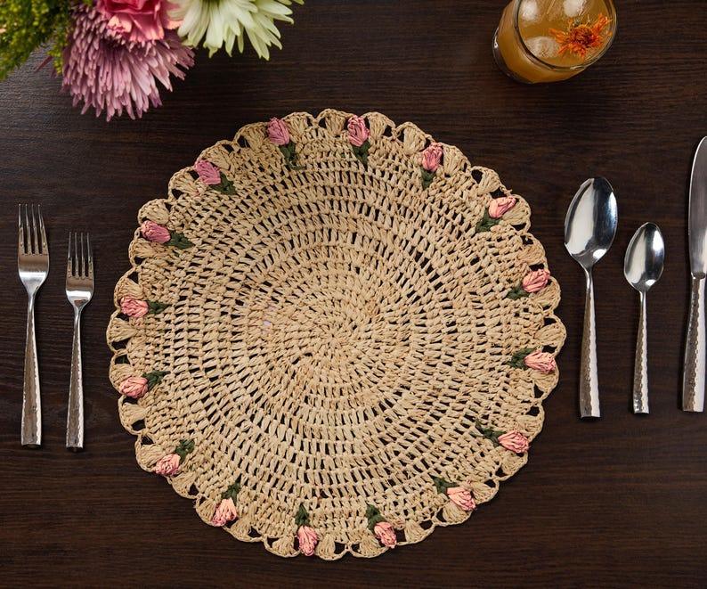 Tulip Floral Placemats – Hand-Crocheted Raffia Palm Floral Placemats – Spring Table Decor Payton James