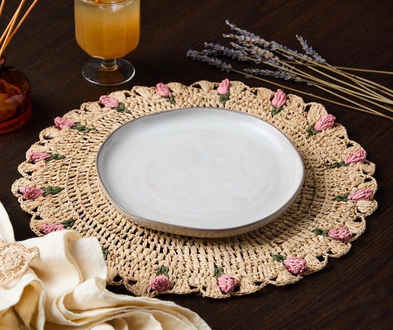 Tulip Floral Placemats – Hand-Crocheted Raffia Palm Floral Placemats – Spring Table Decor Payton James