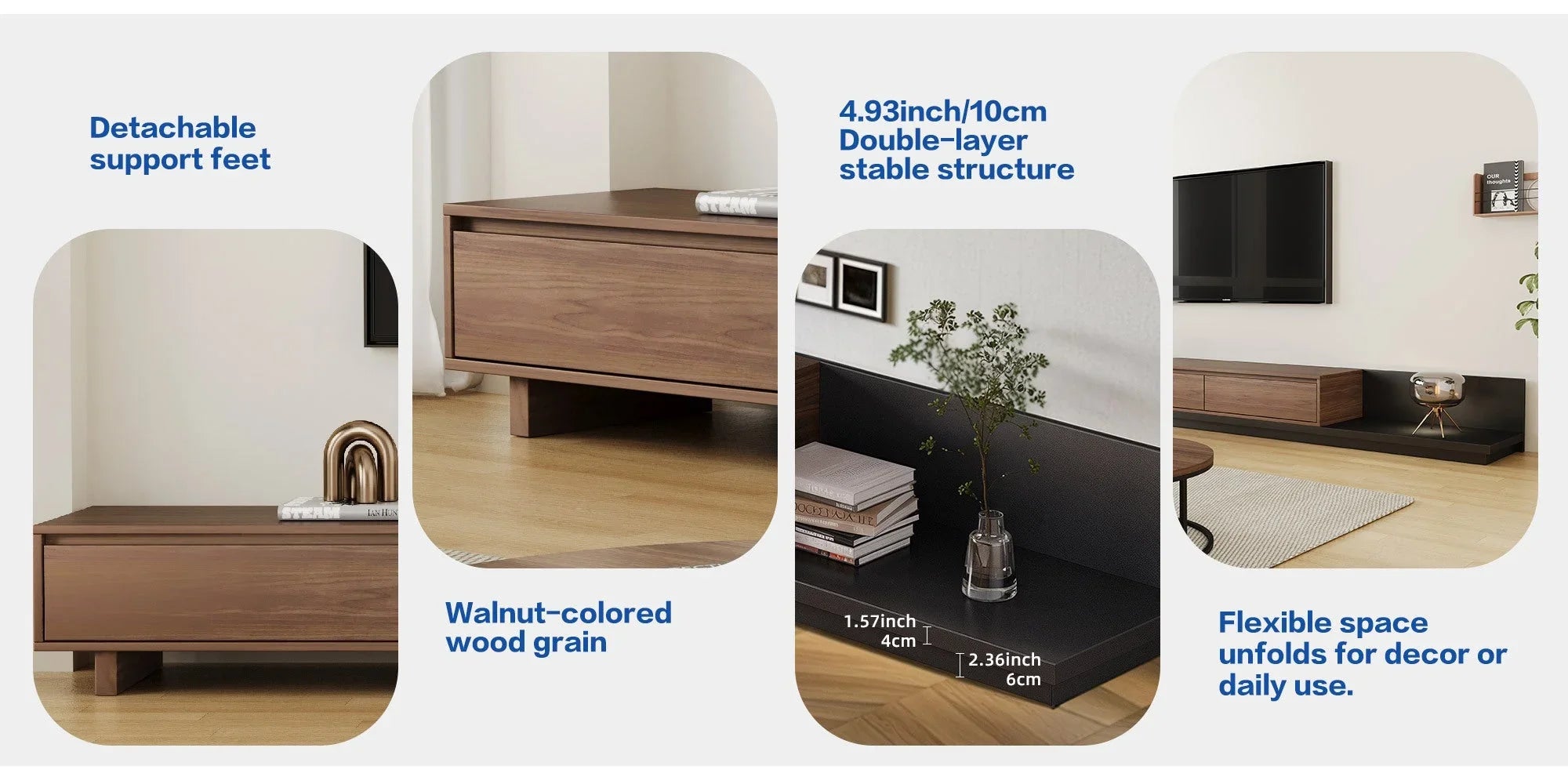 Walnut - Coloured Width - Adjustable TV Cabinet with Modern Design - Ideal for Living Rooms (78.7inch/200cm - 130inch/330.1cm x 15.7inch/40cm x 13.8inch/35cm) House Of Avana
