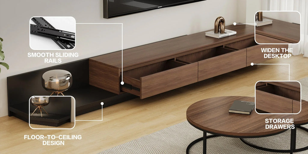 Walnut - Coloured Width - Adjustable TV Cabinet with Modern Design - Ideal for Living Rooms (78.7inch/200cm - 130inch/330.1cm x 15.7inch/40cm x 13.8inch/35cm) House Of Avana