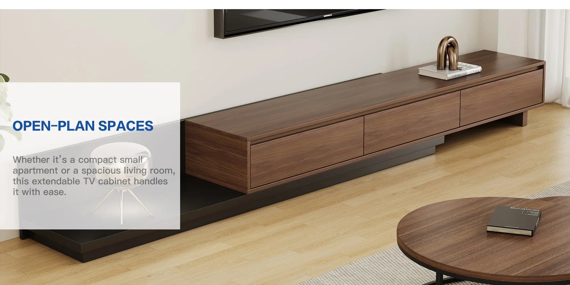 Walnut - Coloured Width - Adjustable TV Cabinet with Modern Design - Ideal for Living Rooms (78.7inch/200cm - 130inch/330.1cm x 15.7inch/40cm x 13.8inch/35cm) House Of Avana