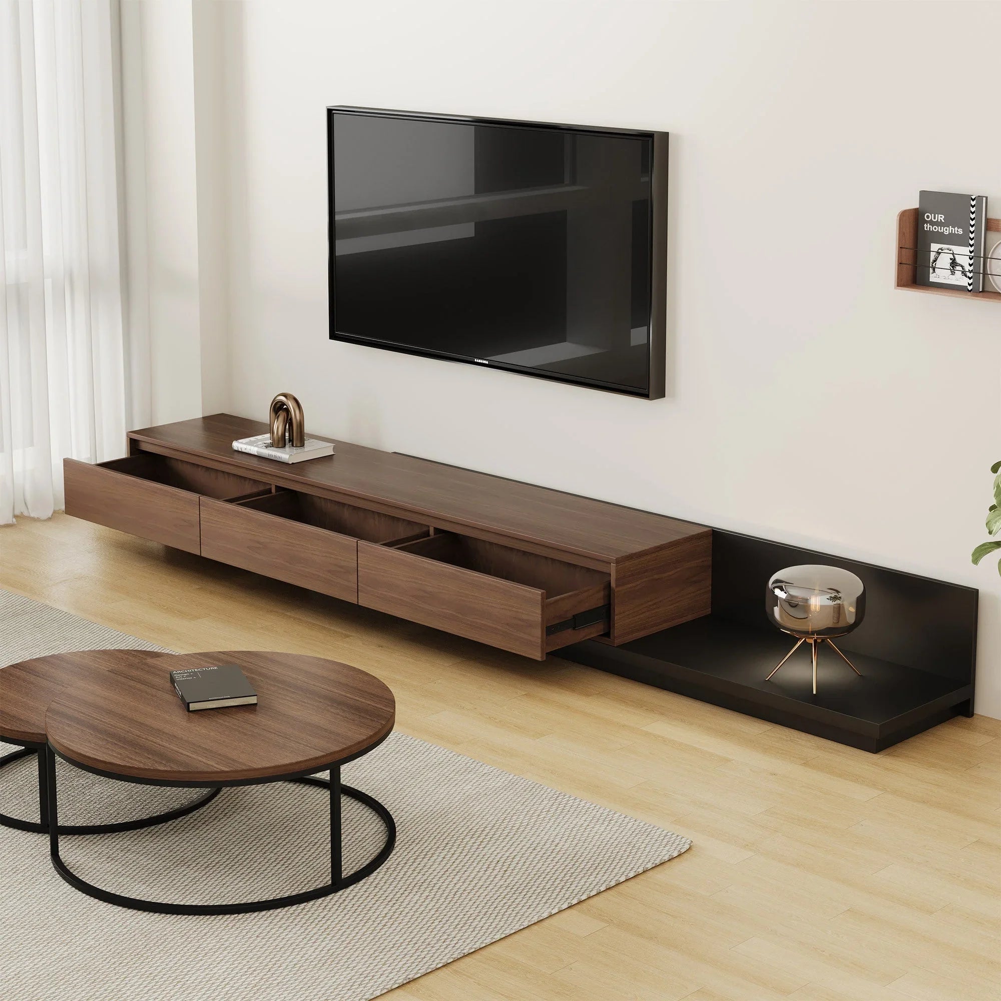 Walnut - Coloured Width - Adjustable TV Cabinet with Modern Design - Ideal for Living Rooms (78.7inch/200cm - 130inch/330.1cm x 15.7inch/40cm x 13.8inch/35cm) House Of Avana