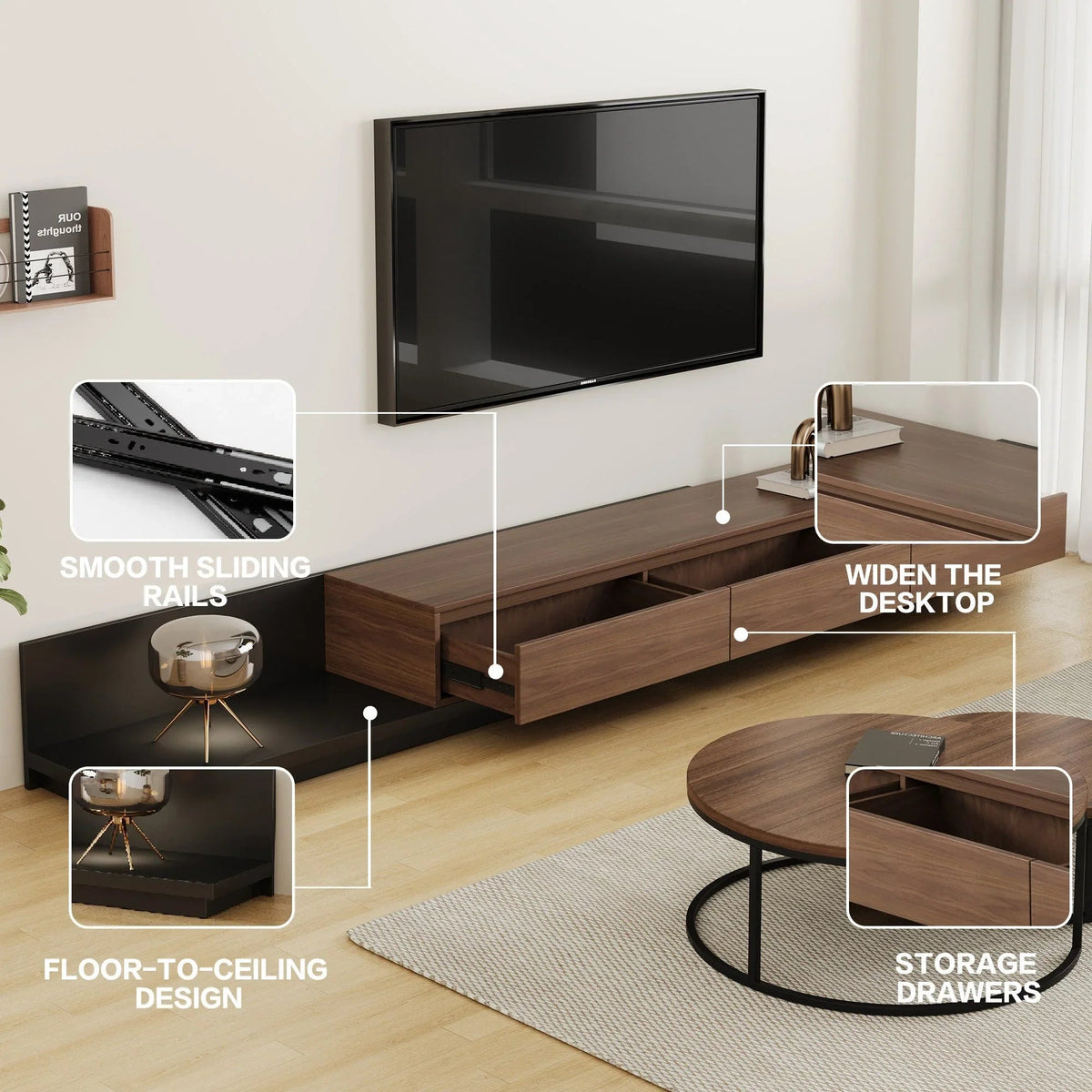 Walnut - Coloured Width - Adjustable TV Cabinet with Modern Design - Ideal for Living Rooms (78.7inch/200cm - 130inch/330.1cm x 15.7inch/40cm x 13.8inch/35cm) House Of Avana [[SKU:HOA-MSC-003]]