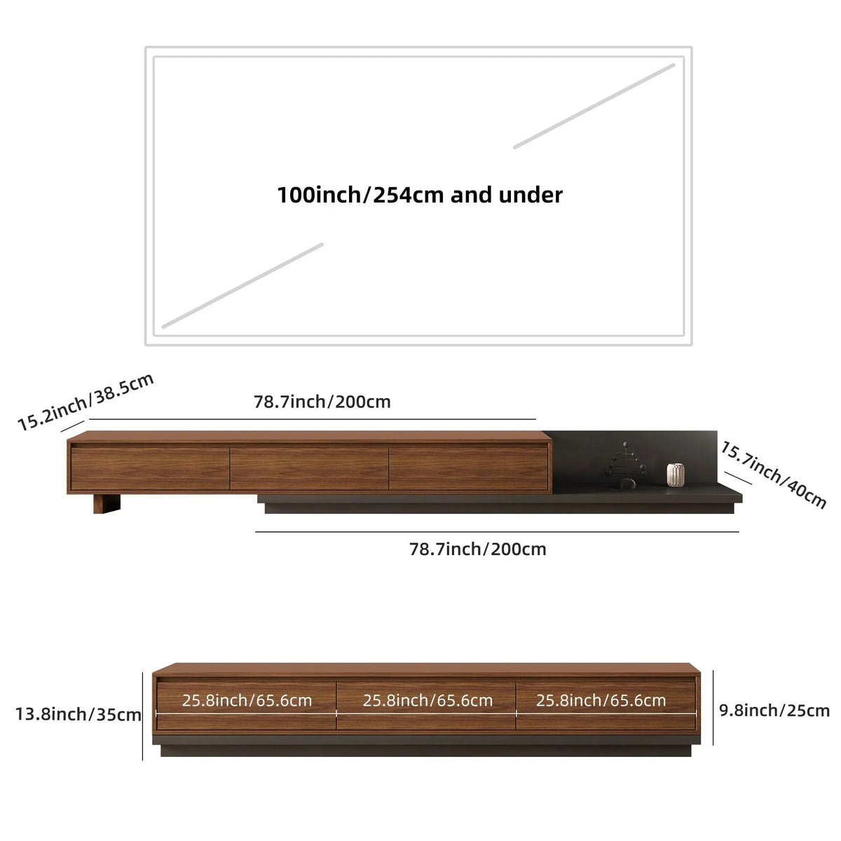 Walnut - Coloured Width - Adjustable TV Cabinet with Modern Design - Ideal for Living Rooms (78.7inch/200cm - 130inch/330.1cm x 15.7inch/40cm x 13.8inch/35cm) House Of Avana [[SKU:HOA-MSC-003]]