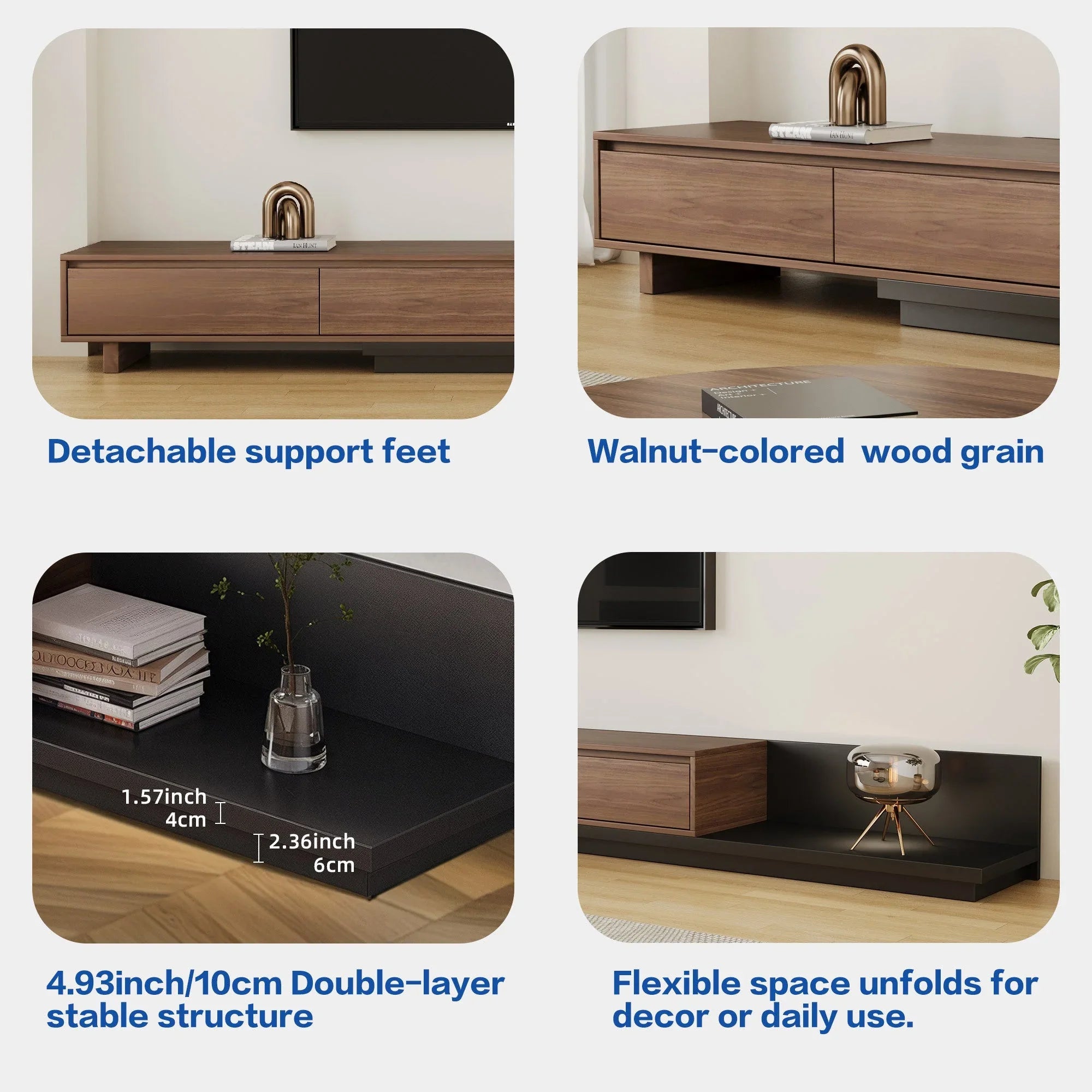 Walnut - Coloured Width - Adjustable TV Cabinet with Modern Design - Ideal for Living Rooms (78.7inch/200cm - 130inch/330.1cm x 15.7inch/40cm x 13.8inch/35cm) House Of Avana