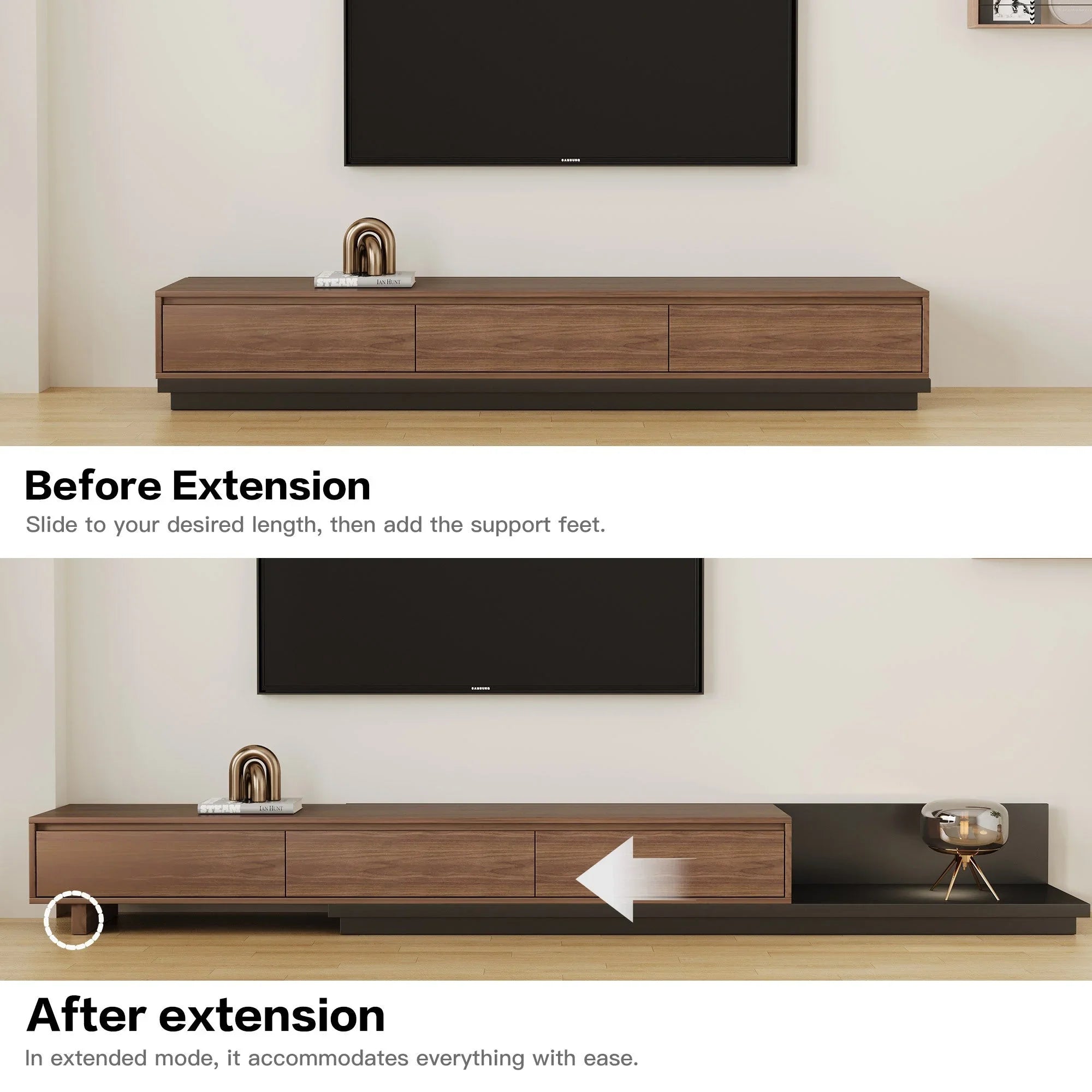 Walnut - Coloured Width - Adjustable TV Cabinet with Modern Design - Ideal for Living Rooms (78.7inch/200cm - 130inch/330.1cm x 15.7inch/40cm x 13.8inch/35cm) House Of Avana