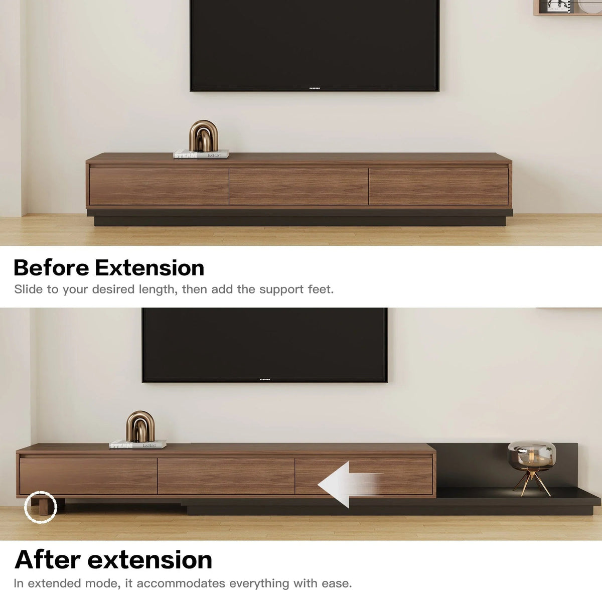Walnut - Coloured Width - Adjustable TV Cabinet with Modern Design - Ideal for Living Rooms (78.7inch/200cm - 130inch/330.1cm x 15.7inch/40cm x 13.8inch/35cm) House Of Avana [[SKU:HOA-MSC-003]]
