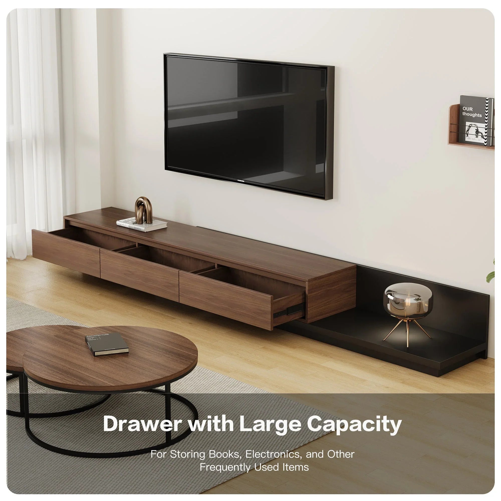 Walnut - Coloured Width - Adjustable TV Cabinet with Modern Design - Ideal for Living Rooms (78.7inch/200cm - 130inch/330.1cm x 15.7inch/40cm x 13.8inch/35cm) House Of Avana