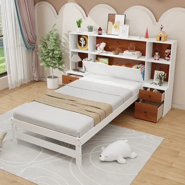 Twin Bed Frame with White Walnut Bookcase Storage Headboard and 2 Nightstands
