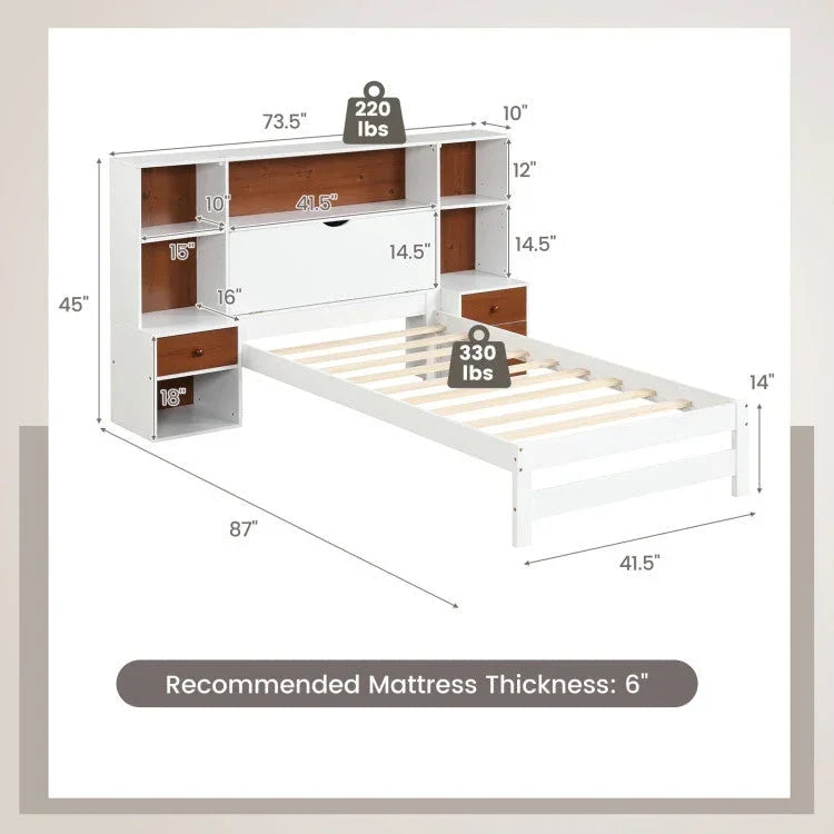 Twin Bed Frame with White Walnut Bookcase Storage Headboard and 2 Nightstands