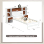 Twin Bed Frame with White Walnut Bookcase Storage Headboard and 2 Nightstands