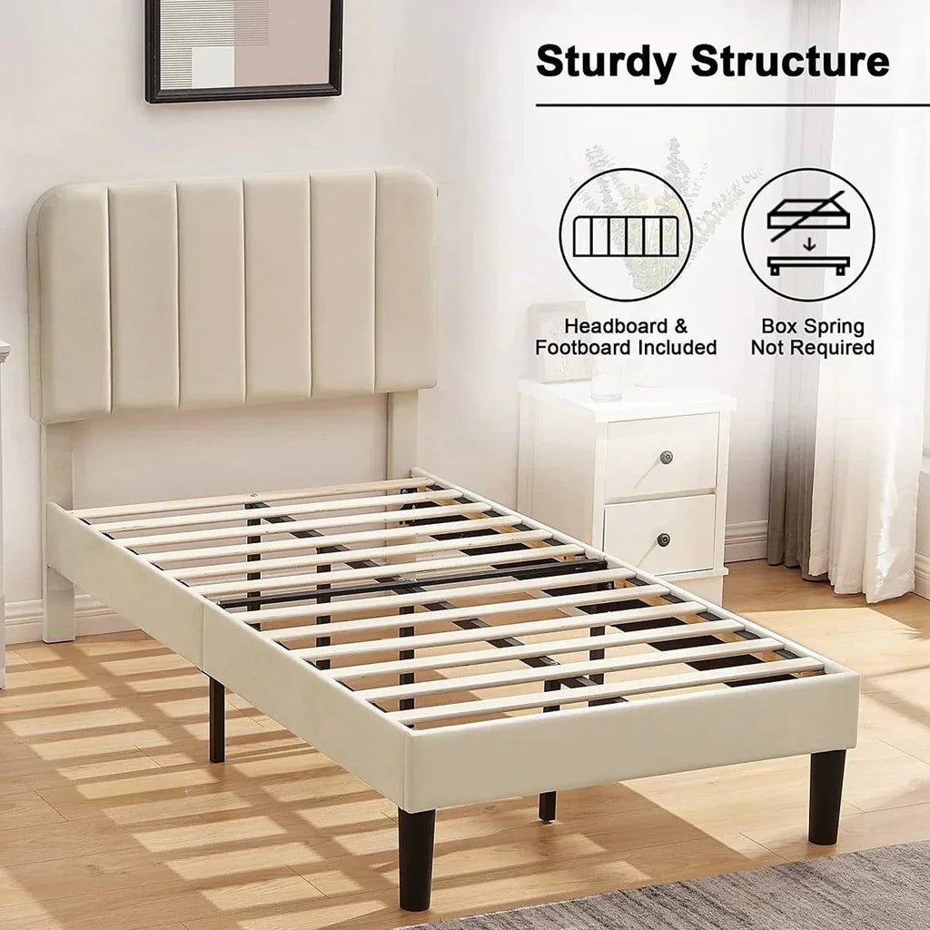 Twin size Beige Upholstered Platform Bed Frame with Headboard