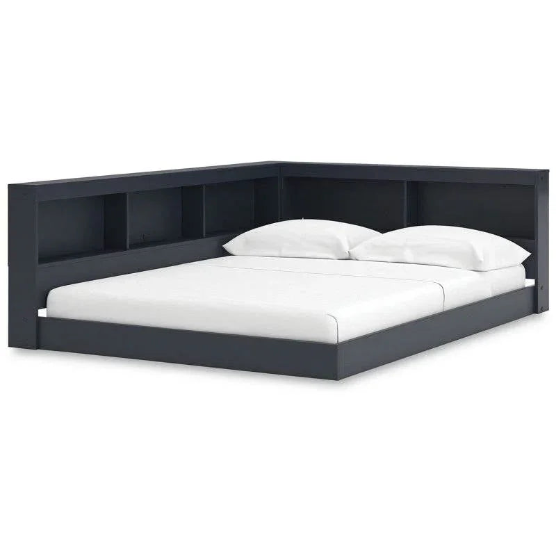 Twin size Blue Wooden Corner Storage Bed with Bookcase Headboard and USB Ports