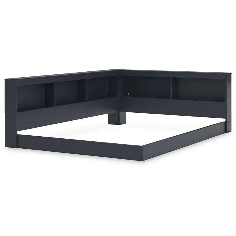 Twin size Blue Wooden Corner Storage Bed with Bookcase Headboard and USB Ports