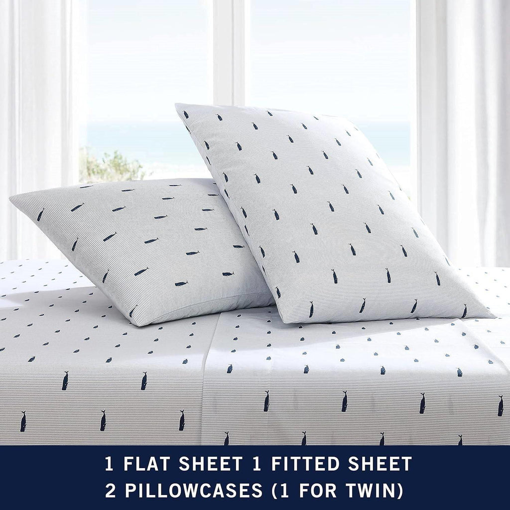 Twin size Coastal Beach 100-Percent Cotton Navy Blue White Stripe Sheet Set