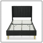 Twin size Mid-Century Black Linen Platform Bed Frame with Upholstered Headboard