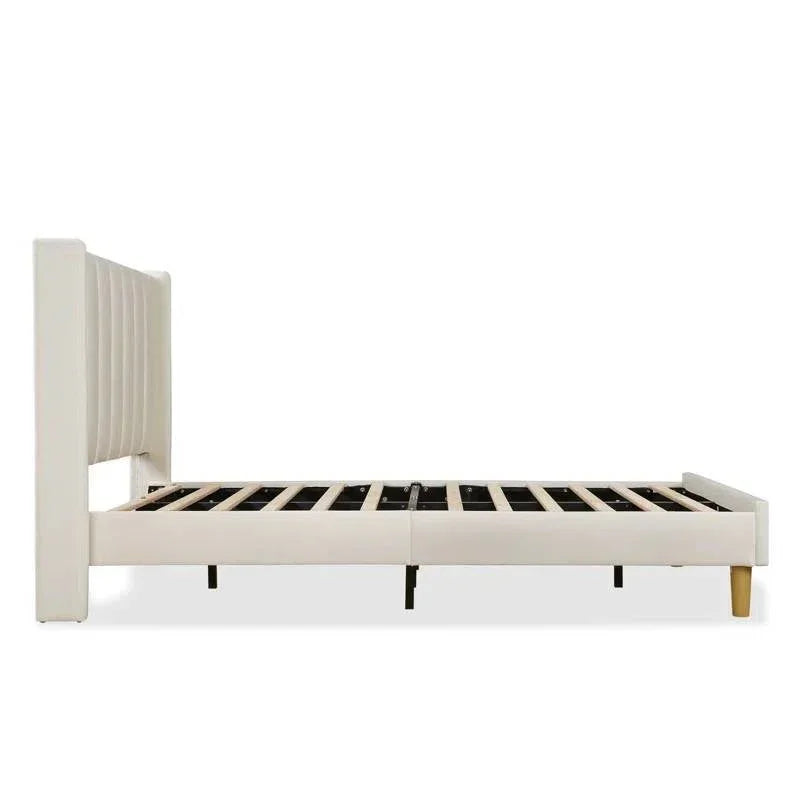 Twin size Mid-Century Platform Bed Frame with Cream Velvet Upholstered Headboard