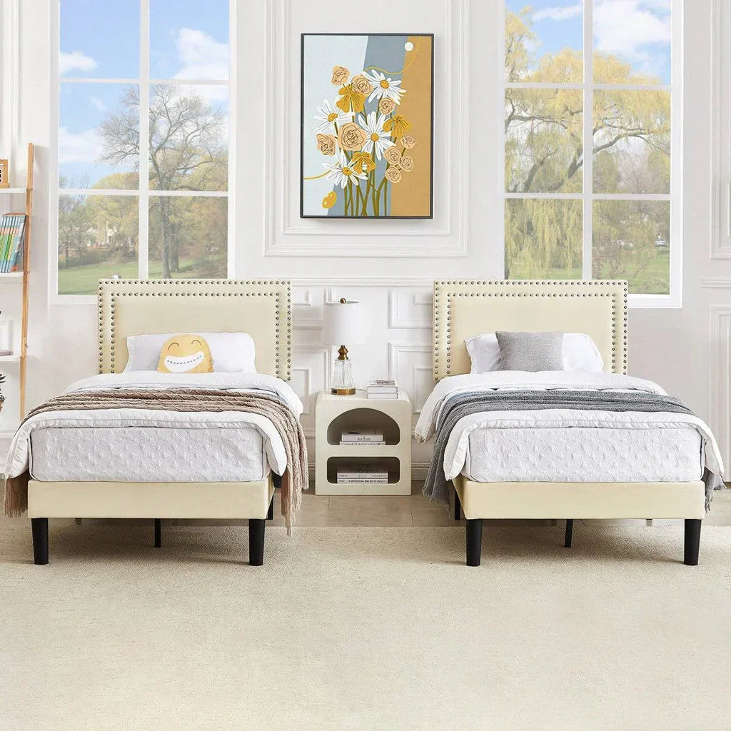 Twin Size - Set of 2  - Dorm Style Beige Tufted Upholstered Platform Beds